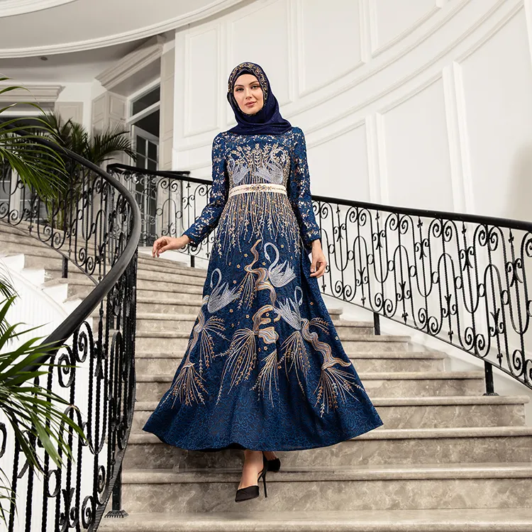 ODM yüksek kalite kadınlar lüks işlemeli abaya maxi elbise boncuklu müslüman düğün elbisesi