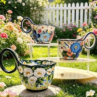 Ensemble de tasses à café, thé et eau en céramique à motif floral peint à la main, avec poignée incurvée, sous glaçure, pour petit-déjeuner, flocons d'avoine, lait, capacité 450 ml