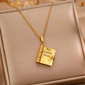 Collar con Colgante de Libro de Acero Inoxidable 316L, Grabado '<span class=keywords><strong>Mi</strong></span> Pequeña Estrella', Recuerdo con Corazón Recortado en Oro y Plata, Hipoalergénico, <span class=keywords><strong>Regalo</strong></span> OEM - Product Image 6