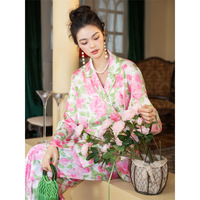 Ensemble de pyjama en soie glacée à manches longues et deux pièces Ethereal Garden, imprimé numérique de luxe, pour femmes, printemps/automne, été, hiver, doux