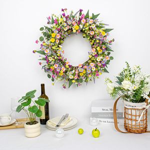 Nhân Tạo Mùa Xuân Vòng Hoa 22 Inch Mùa Hè Vòng Hoa Cho Cửa Trước Với Màu Xanh Lá Cây Bạch Đàn Lá Màu Hồng Daisy Hoa Oải Hương Mùa Xuân Cửa - Product Image 3