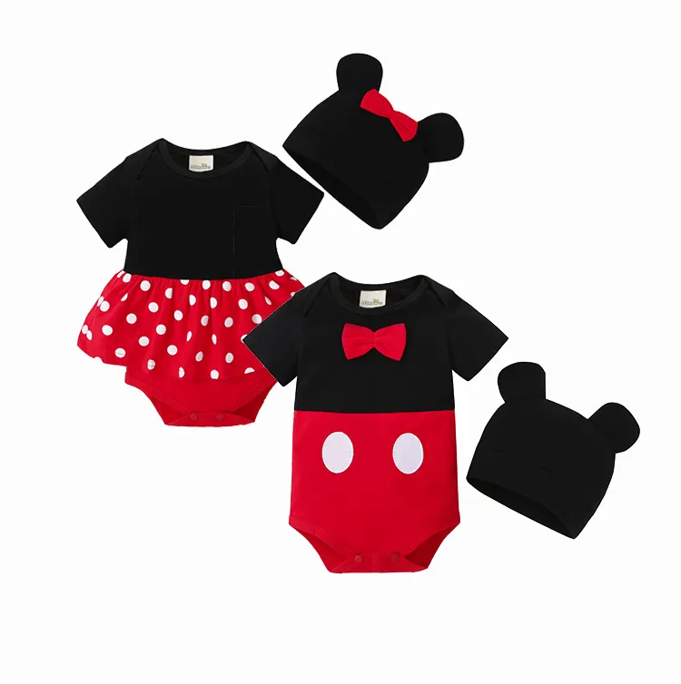 Negro y rojo de dibujos animados gemelos ropa infantil ropa de bebé mameluco mono con sombrero