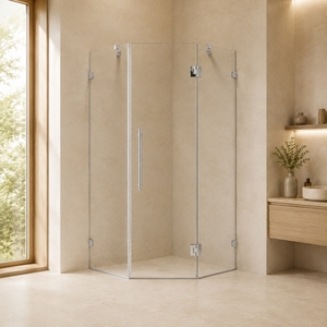 Cabine de <span class=keywords><strong>douche</strong></span> intérieure en forme de diamant 900x900mm avec porte battante simple, sans cadre, verre trempé de 8mm et panneaux latéraux fixes - Product Image 1