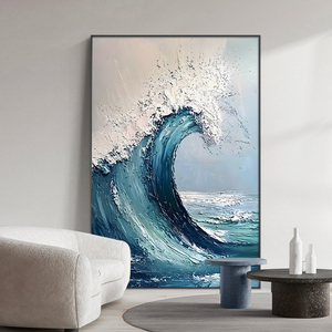 Paesaggio Fengshui dipinto a mano dipinto a olio del mare blu moderno per il supporto della tela della decorazione della parete dell'ufficio o del salotto - Product Image 3