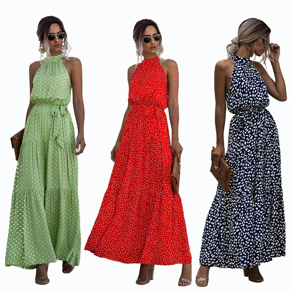 Summer Elegant Sexy Beach Long Dress Women 2023 Fashion Print Flowers Polka-dot Strap Ladies Halter Boho Dress Women
