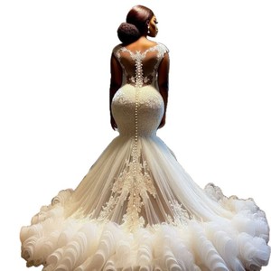 European American Style Mermaid Wedding Dress With Long Train Sweetheart Neckline Ruffles White Gown - Product Image 5