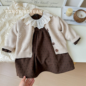 Tongxingyuan Girls' Knit Cardigan And Floral Dress Set Cotton Woolen Two Piece Spring Autumn Outfit - Product Image 1