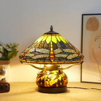 Lampe de chevet en verre teinté motif libellule, lumière chaude, style rétro, pour chambre à coucher, bureau, hôtel, café, style campagnard américain, romantique