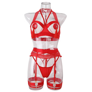 ชุดชั้นในเซ็กซี่สุดฮอตแฟชั่นใหม่ สีแดง ผ้าตาข่ายซีทรู สายคล้องคอ โชว์หน้าอก แต่งพู่ห้อย ชุดสี่ชิ้น - Product Image 6
