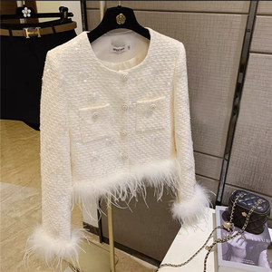 High Quality Ladies Tweed Jackets Sequin <strong>Feather</strong> Cropped <strong>Tops</strong> Buttons Fashion Luxury Elegant Woolen Short Blazer Coats for Women - Product Image 1