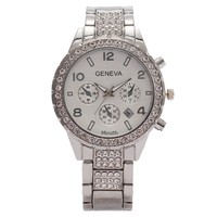 Jam Tangan Wanita Quartz Kalender Tiga Mata Enam Jarum Berhias Berlian Modis dengan Casing Akrilik Ramah Lingkungan Terlaris