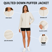 Veste d'hiver légère pour femmes, rembourrage 90% duvet de canard blanc, col rond, fermeture éclair, portable, ODM OEM, vêtements d'extérieur personnalisés pour femmes