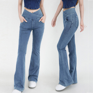 נשים הלבוש אלסטי גבוה ג 'ינס הלבוש מכנסיים קצרים ג' ינס רך אימון רגליים רחב חותלות נשים - Product Image 2