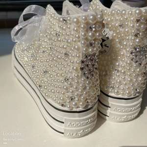 Zapatillas de Lona para Mujer al por Mayor, Zapatos de Novia con Perlas y Cristales para Bodas en la Playa, Plataforma de 4 cm con Suela Gruesa - Product Image 5