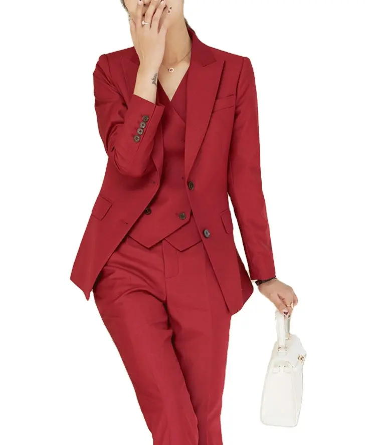 oversized women formal dresses Trendy tuxedo designs slim women formal suit wine red double-breasted women vest suit 3 piece