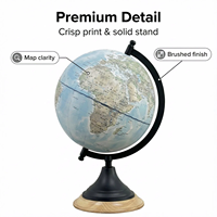 Globe terrestre bleu avec étiquettes chinoises, cadre en métal noir et base en bois naturel, en papier, décoration de bureau