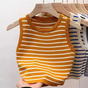 Vente en gros Mode européenne Été <span class=keywords><strong>Femme</strong></span> Débardeur <span class=keywords><strong>sans</strong></span> manches à col rond rayé Couleur unie Slim Tricoté Quotidien Décontracté <span class=keywords><strong>Femme</strong></span> Débardeur polyvalent - Product Image 3