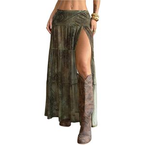 Jupe longue en mousseline fluide style western bohème pour femme FOXA, taille basse, fente haute, style cowgirl campagnard - Product Image 1