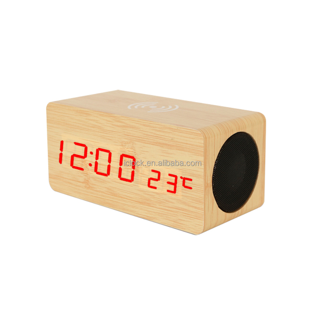 Christmas Promotion Bamboo Digital Time Alarm Clock Wireless Charger Bluetooth Speaker Temperature Display for Office Kitchen