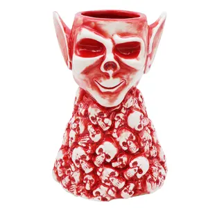 Custom Logo Hawaiian Tiki Bar Tropical Style Washed Red Halloween Ceramic Demon Devil Head On Stacked Skull Skeleton Tiki Mug