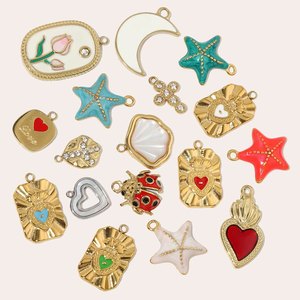 Ciondolo Fai-da-Te in Acciaio al Titanio con Sette Perle, Cuore Francese e Coccinella, Ciondolo in Acciaio Inossidabile con Croce Lunare in Oro 14k - Product Image 3