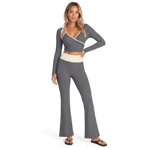 Ensemble sportif 2 pièces pour femme, sans manches, col croisé, pantalon évasé, tricoté, imprimé, couleur unie, respirant, vêtements de sport - Product Image 3