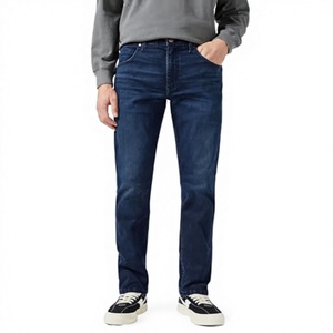 Jean en denim délavé foncé coupe droite taille mi-haute pour homme – Pantalon décontracté bleu uni - Product Image 3