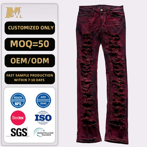 Pantalones Vaqueros Acampanados para Hombre, Color Rojo <span class=keywords><strong>Vino</strong></span> Degradado, Denim Desgastado, Estilo Punk Urbano, Venta al por Mayor OEM ODM - Product Image 1