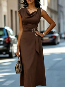 Nouvelle robe midi élégante pour femme, style européen et américain, couleur café, col drapé, asymétrique, sans manches, avec ceinture à nouer et jupe évasée large - Product Image 3