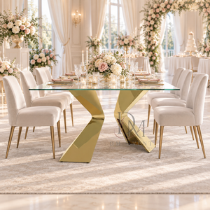 Table à manger de luxe en acier inoxydable avec plateau en verre transparent, base sculpturale en Z, mobilier moderne pour événements et mariages - Product Image 4
