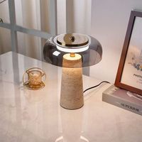Lampe de table LED moderne de luxe en travertin naturel avec abat-jour en verre ambré, base réglable, lumière blanc chaud pour la décoration de la chambre à coucher et du salon