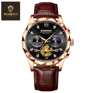 Binbond Men's Quartz Watch Rose Gold Black Dial Chronograph Moon Phase Date Leather Strap 11mm Analog 30M Waterproof - Product Image 5