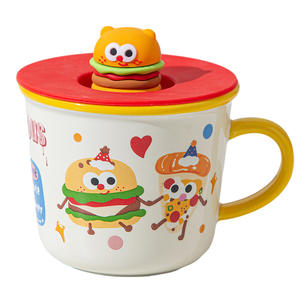 Taza de cerámica con diseño de hamburguesa de dibujos animados, con tapa y asa, para estudiantes, oficinas, desayuno, leche. - Product Image 3