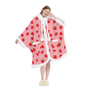 เสื้อคลุมฮู้ดพิมพ์ลายหนานุ่ม อุ่นสบาย สำหรับฤดูหนาว พร้อมพู่ห้อยหูกระต่ายขนาดใหญ่ สไตล์เสื้อคลุม ผ้าคลุมไหล่ ผ้าคลุมตัว ชุดนอน - Product Image 4