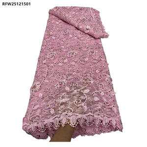 Tessuto in Pizzo <span class=keywords><strong>Guipure</strong></span> Bianco da Sposa all'Ingrosso, Tessuto in Pizzo a Rete 3D Nigeriano con Ricamo Floreale e Pietre - Product Image 5