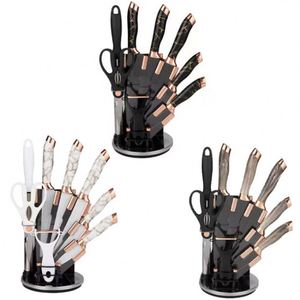 9-Piece Western Style Non-Stick Chef <b>Knife</b> <b>Set</b> Handmade Blade Rose Gold Marble Patterned Handles PP Rotating <b>Knife</b> Holders - Product Image 1