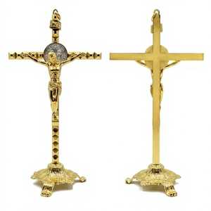 Crucifixo de Metal São Bento HT 29cm com Suporte Dourado, Estátua de Jesus Cristo, Presentes Religiosos Católicos, Decoração para Altar de Oração - Product Image 4