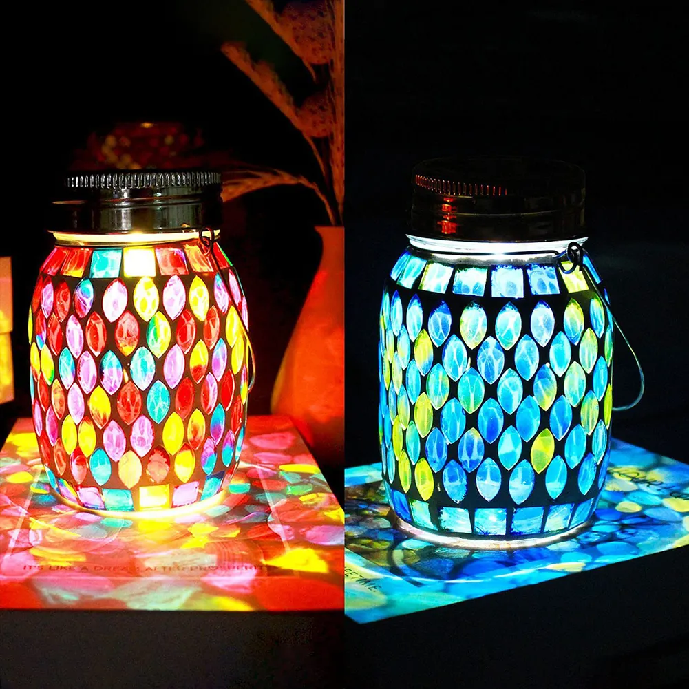 Lanterne Solaire Mason Jar Lampe Mosaïque Projection Lampe Suspendue LED Lampe De Table Pour L'extérieur Paysage Jardin