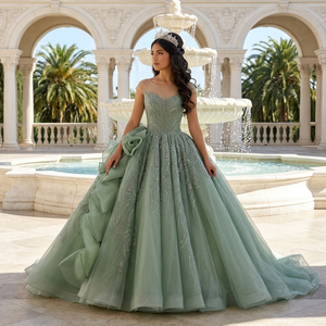 251131 Unique Green Sequined Beading Appliques Lace Crystal <b>Ruffle</b> Natural Waistline Quinceanera Party Ball Gown Women's <b>Dress</b> - Product Image 1