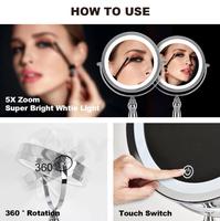 Miroir de maquillage à double face avec éclairage LED, finition chromée argentée Art Déco, commande tactile, grossissement 5X