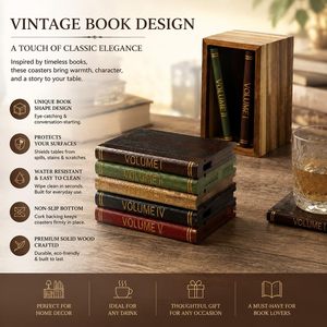 Ensemble de 5 sous-verres en bois en forme de livre avec support, tapis de table pour la décoration de table basse, accessoires de bar à domicile uniques, cadeau de pendaison de crémaillère - Product Image 5