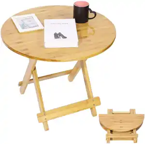 Meja Makan圆形可折叠木质餐桌便携式竹桌室内或室外游戏烧烤茶几露台或花园