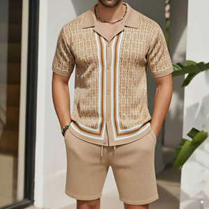 <span class=keywords><strong>Camicia</strong></span> da uomo di alta qualità 2025 estate Casual maglia Top pantaloni Set su misura su misura <span class=keywords><strong>a</strong></span> manica corta stile europeo americano - Product Image 3