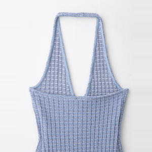 Vestido de mujer nuevo verano 2025 azul cuello Halter diseño estiramiento recortado Mini vestido Sexy Hip Wrap cuello en V moda - Product Image 3