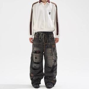 Vaqueros anchos de mezclilla para hombre, estilo retro vintage, con múltiples capas, cintura lavada, desgastados, rotos, holgados, para otoño - Product Image 4