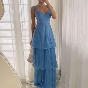 Summer New Arrival Women's Solid Color High-Waisted Elegant Fitted <b>Spaghetti</b> <b>Strap</b> Ruffled Pleated Dresses Fashion - Product Image 1