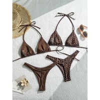 Micro bikini marron et marron à pois, col halter, string transparent, design sexy pour femme mature