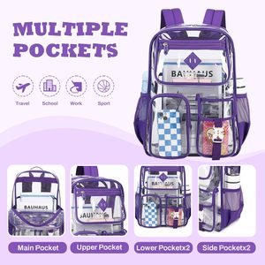 Sac à dos transparent en PVC robuste pour l'école avec poches latérales en filet et poche avant zippée – Vente en gros - Product Image 3