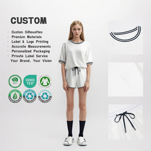 Women's Summer Casual 2 Piece <b>Knit</b> <b>Set</b>, Custom White Lapel Short Sleeve Polo Top & Shorts, Wholesale Ladies Apparel - Product Image 1