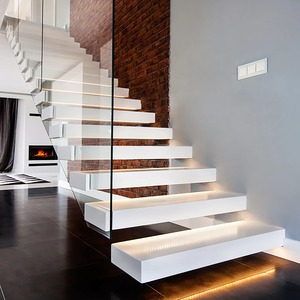 Scala interna galleggiante personalizzata con gradini in legno massiccio <span class=keywords><strong>e</strong></span> combinazione acciaio-vetro - Product Image 6
